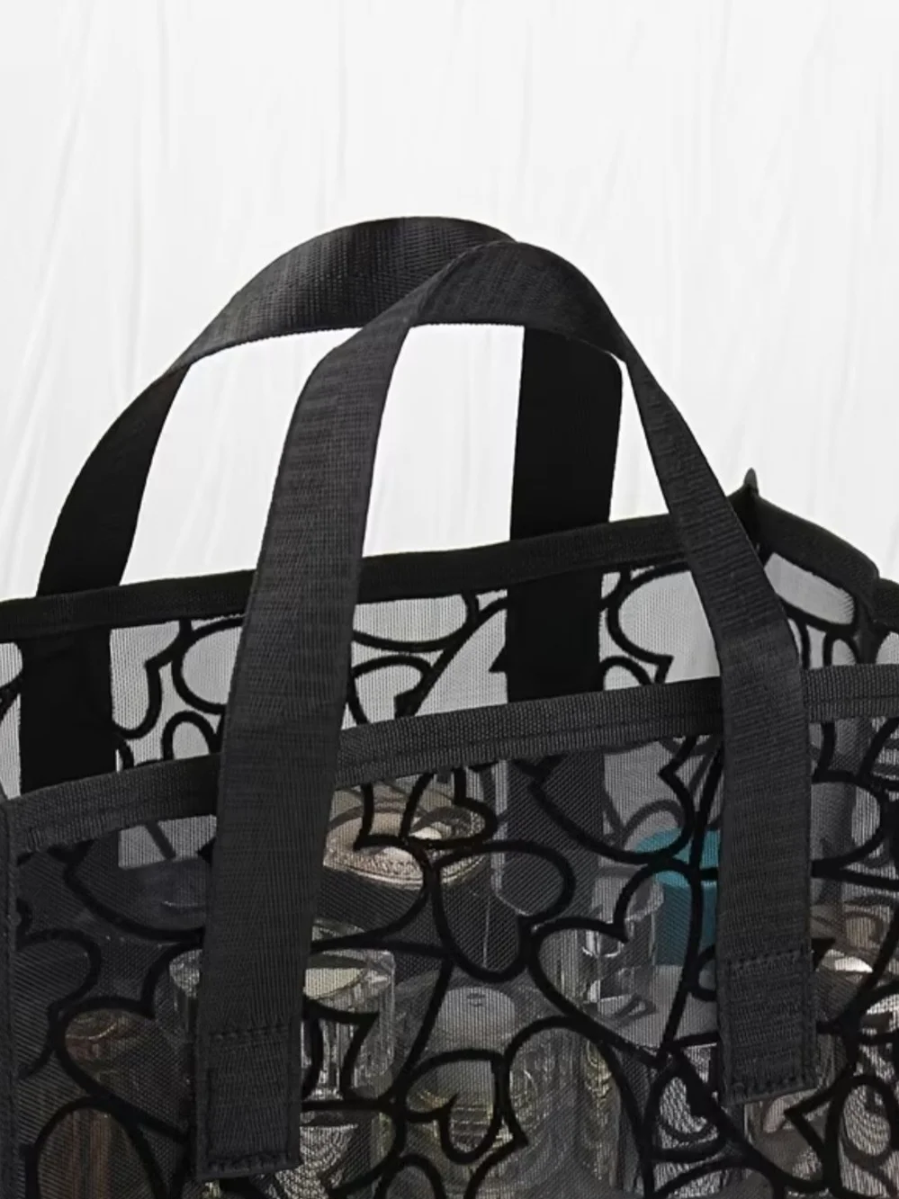 Black Heart Pattern Mesh Tote Organizer Bag -